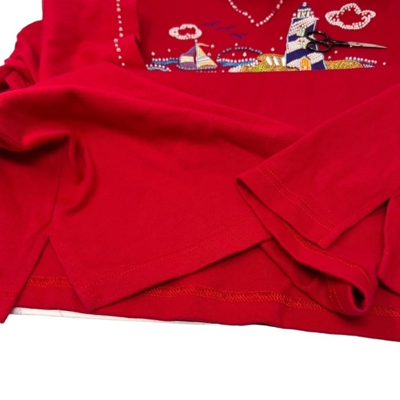 Quacker Factory Red Sequined Beaded Lighthouse Sailboat 3/4 Sleeve Cotton Top 1X - Picture 10 of 12